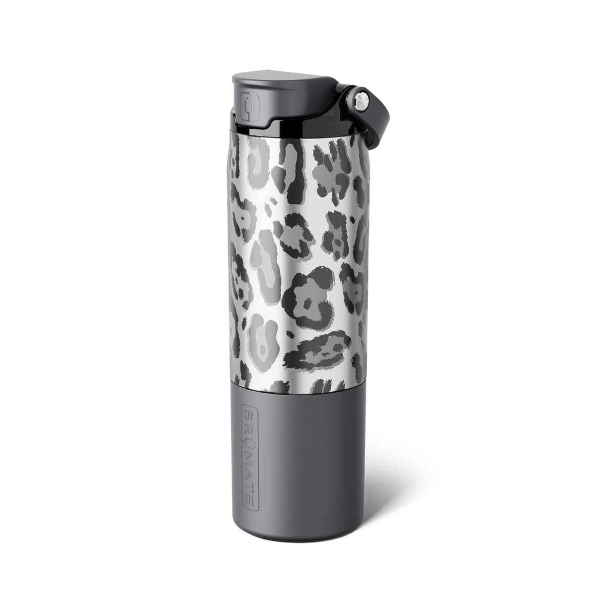 BrüMate water bottle in silver and gray metallic leopard print with gray base, flip lid and carry loop