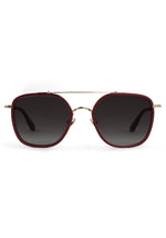 Silver double-bridge sunglasses with burgundy rims and gray lenses