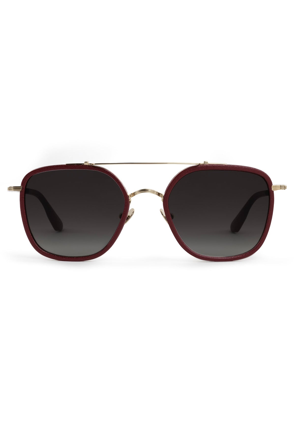 Silver double-bridge sunglasses with burgundy rims and gray lenses
