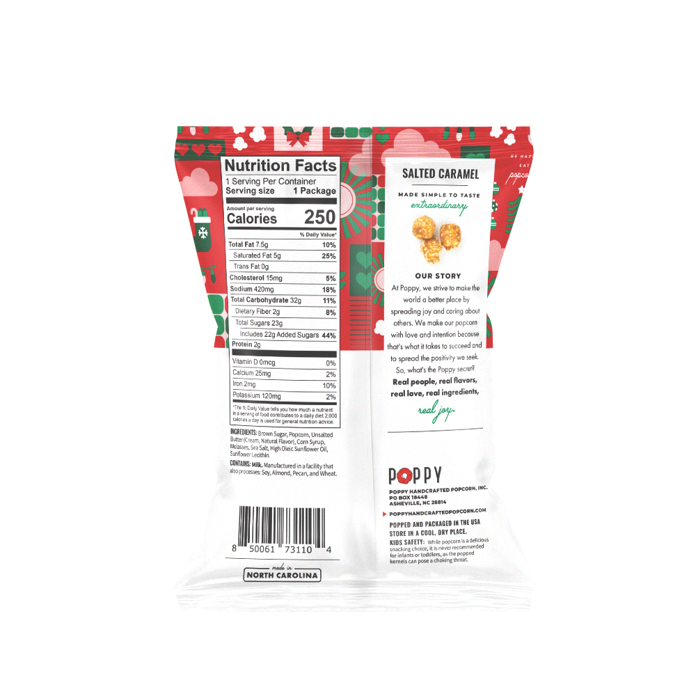 Back of a Poppy Salted Caramel popcorn bag with nutrition facts and brand story