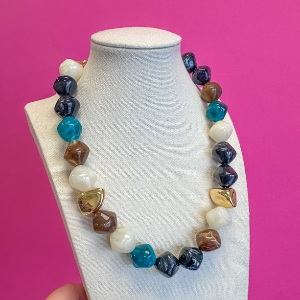Brown & Teal - Stone Necklace - Mix Bead
