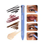 Makeup pen with color swatches and application examples on a white background