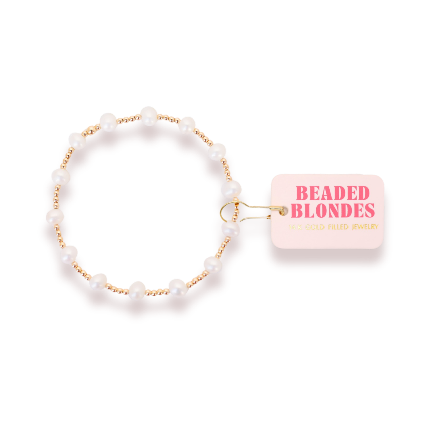 Beaded bracelet with a pink tag labeled 'Beaded Blondes' on a white background