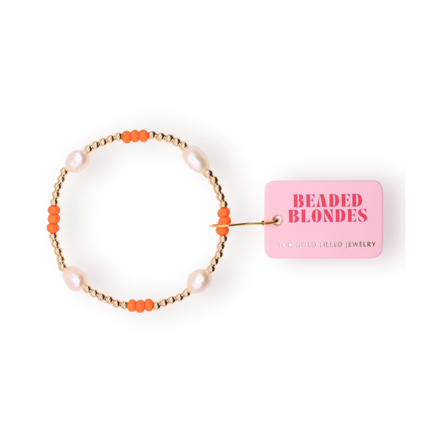 Beaded bracelet with pink label on a white background