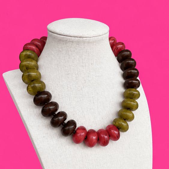 Olive, Brown, Rust - Circle Bead Necklace - Fall