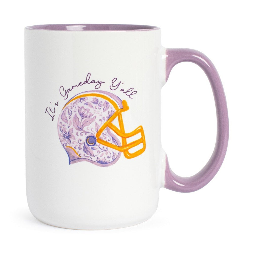 White mug with a purple handle and a football helmet design