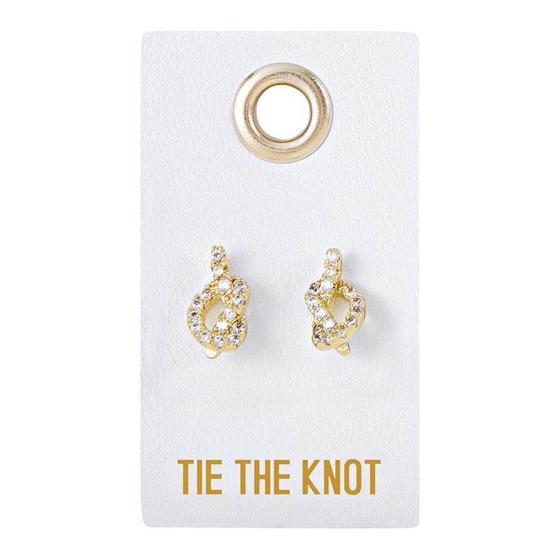 Crystal knot stud earrings on a Tie the Knot card