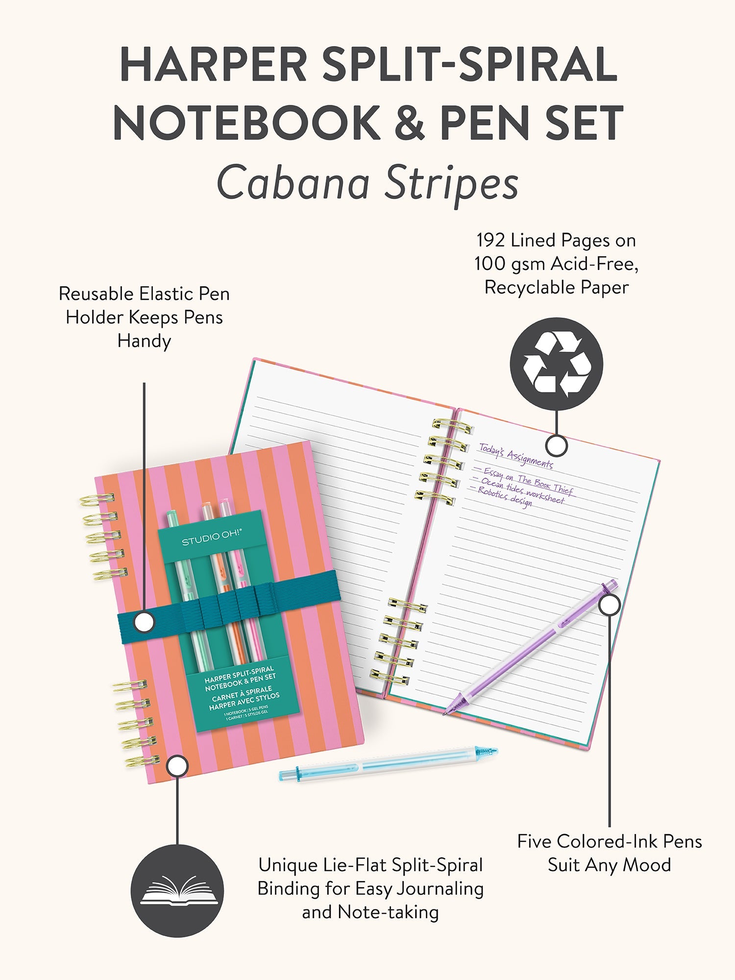 Cabana Stripes Harper Split-Spiral Notebook & Pen