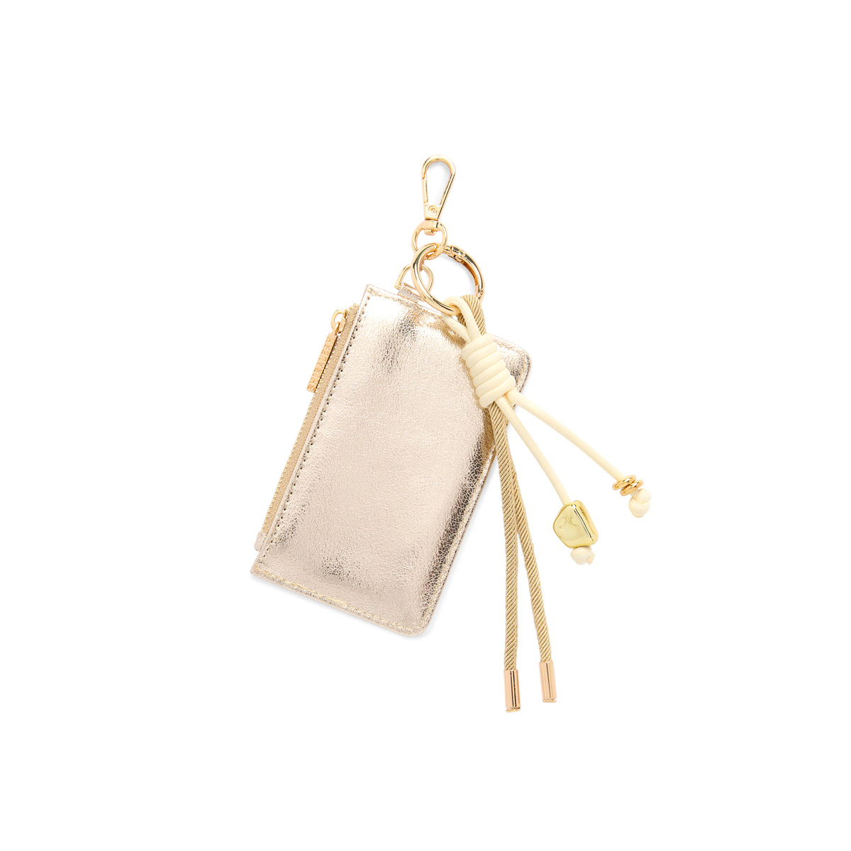 Gold zip card case bag charm with dangling charms