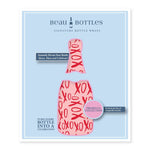 Beau Bottles bottle wrap packaging with pink bottle design and 'XOXO' text on a light blue background.