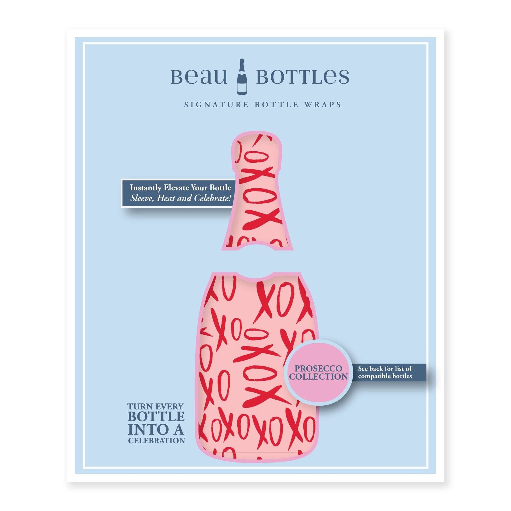 Beau Bottles bottle wrap packaging with pink bottle design and 'XOXO' text on a light blue background.
