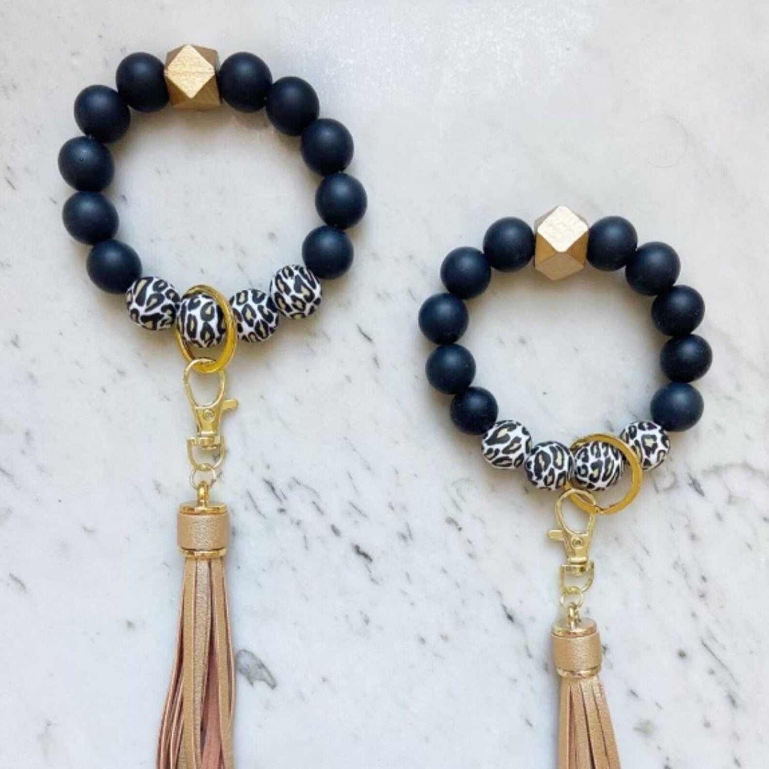 Wristband Keychain - Bl Cheetah w Gold Tassel