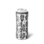BrüMate slim can cooler in silver and gray metallic leopard print holding a silver can