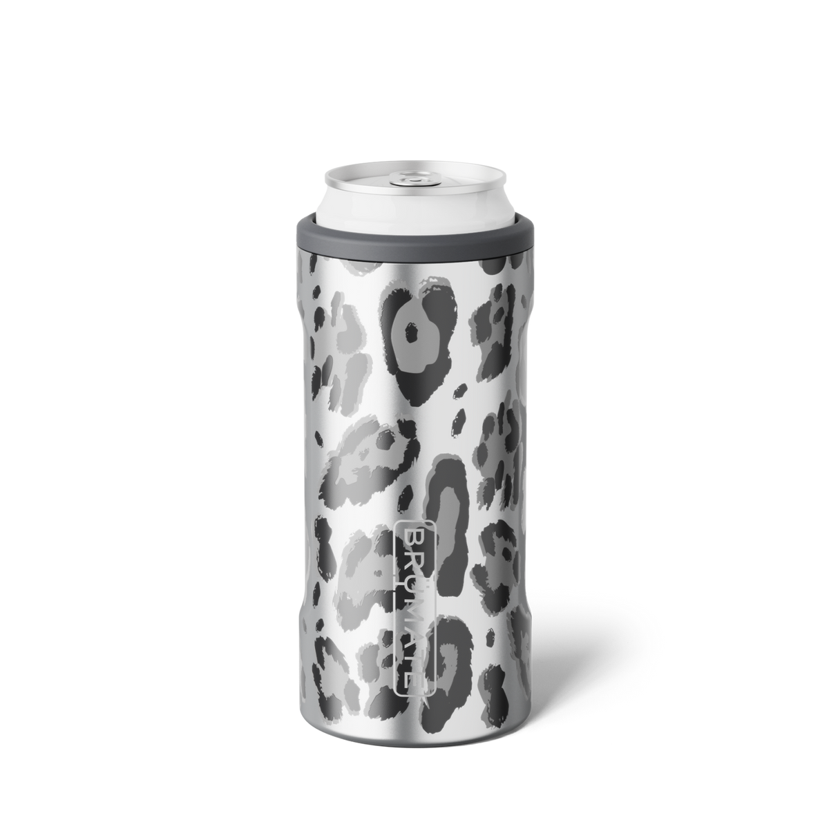 BrüMate slim can cooler in silver and gray metallic leopard print holding a silver can