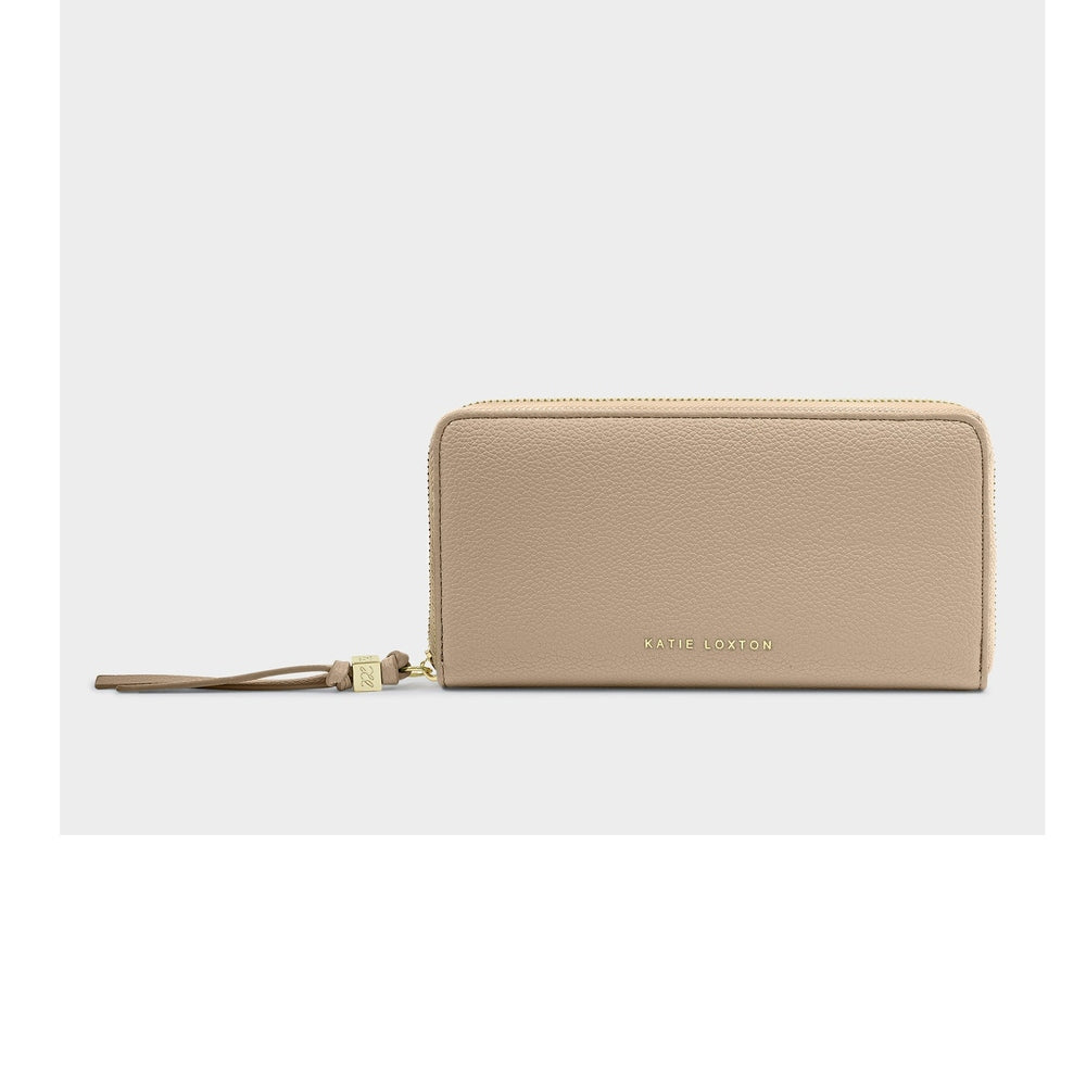 Beige textured zip around wallet with gold logo