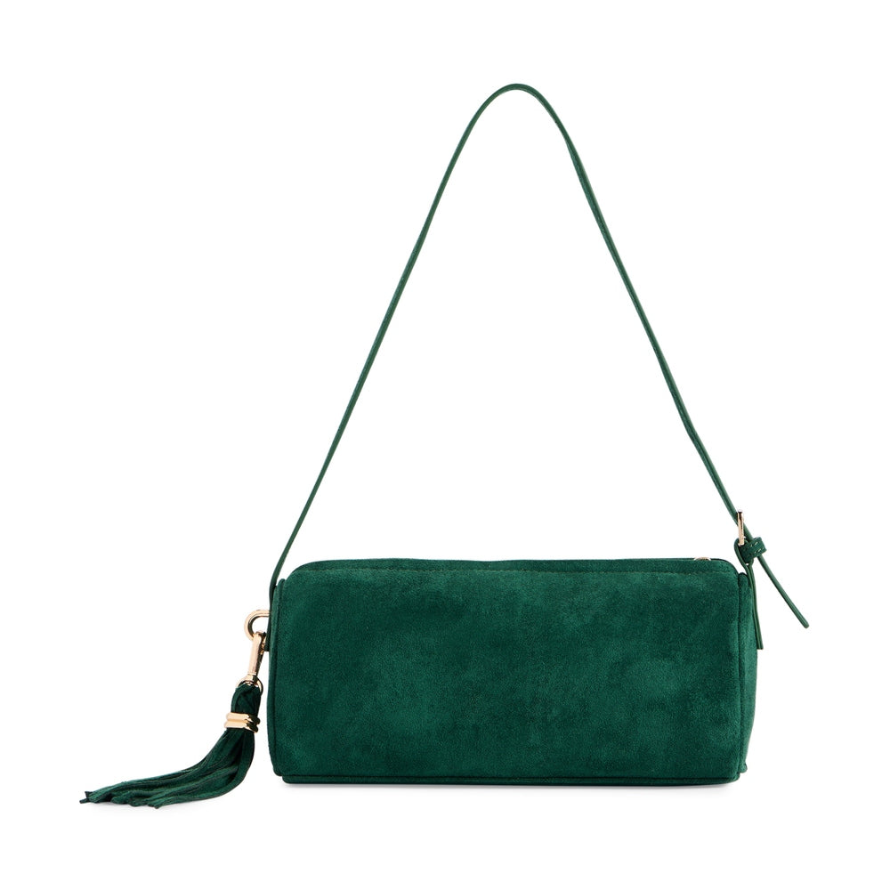 Green suede cylindrical shoulder bag with a gold hardware tassel