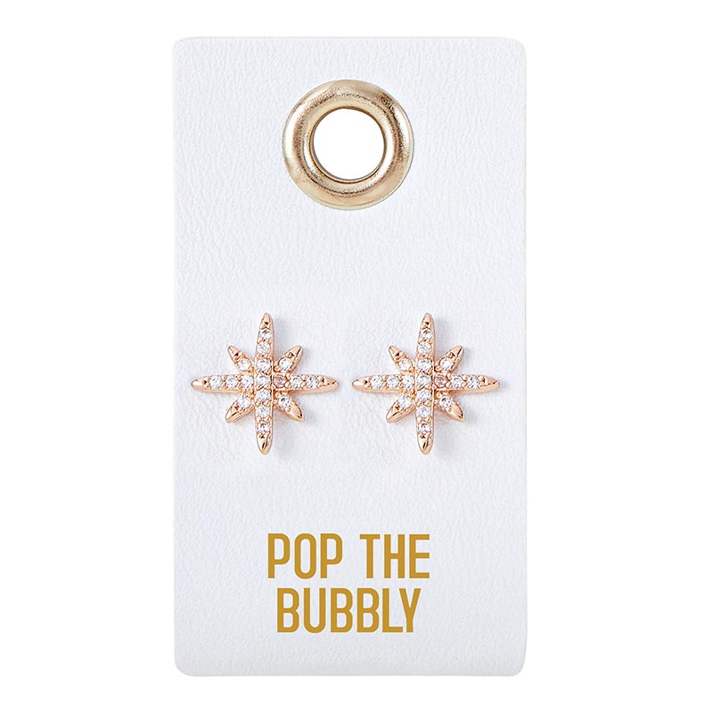 Crystal starburst stud earrings on a Pop the Bubbly card