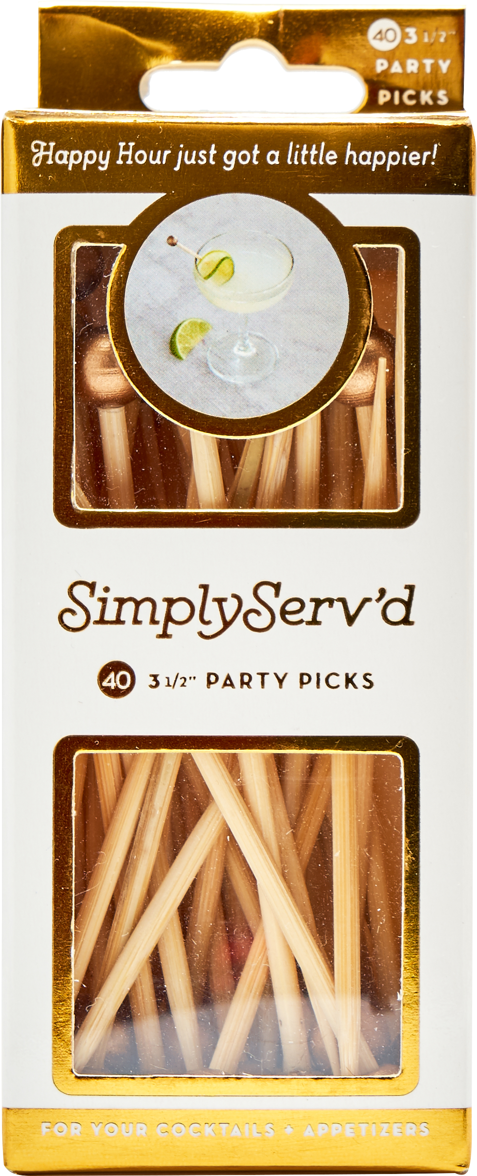 Box of 40 SimplyServd bamboo party picks with gold ball tops