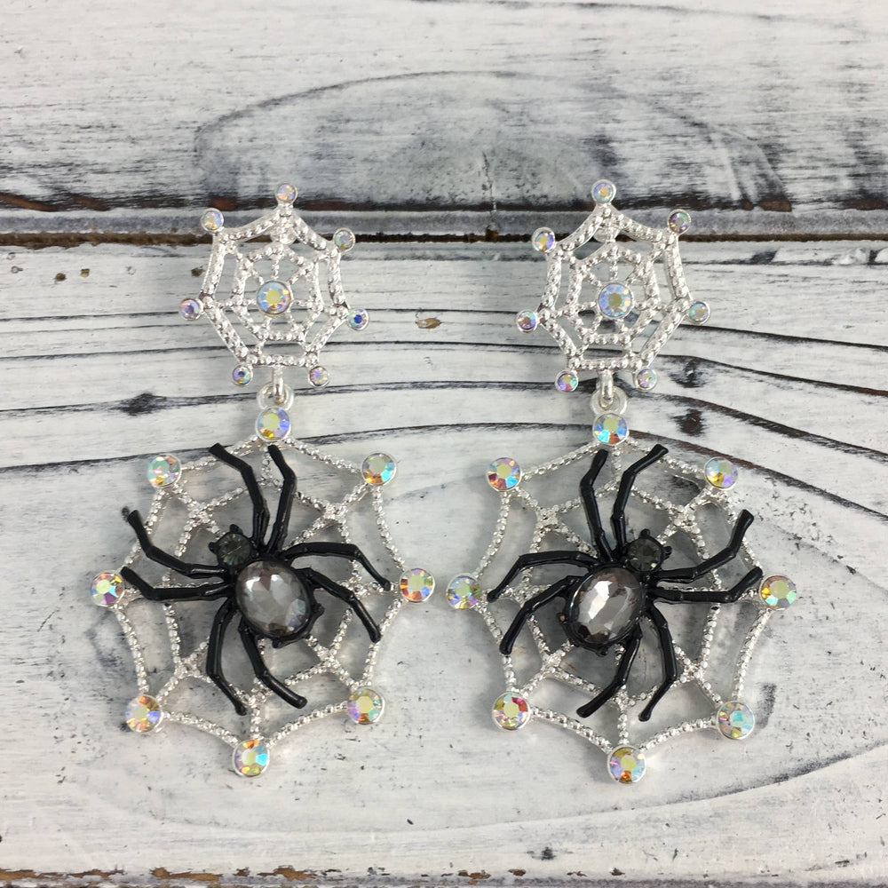 Rhinestone Spider & Web Earrings