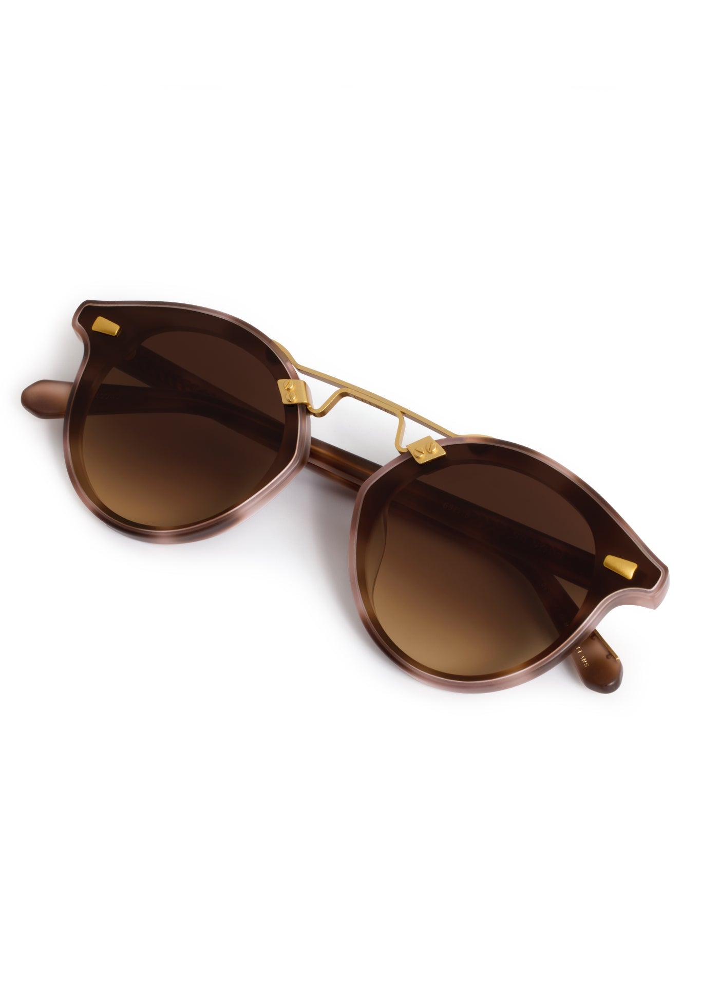 Brown sunglasses with gold accents on a white background