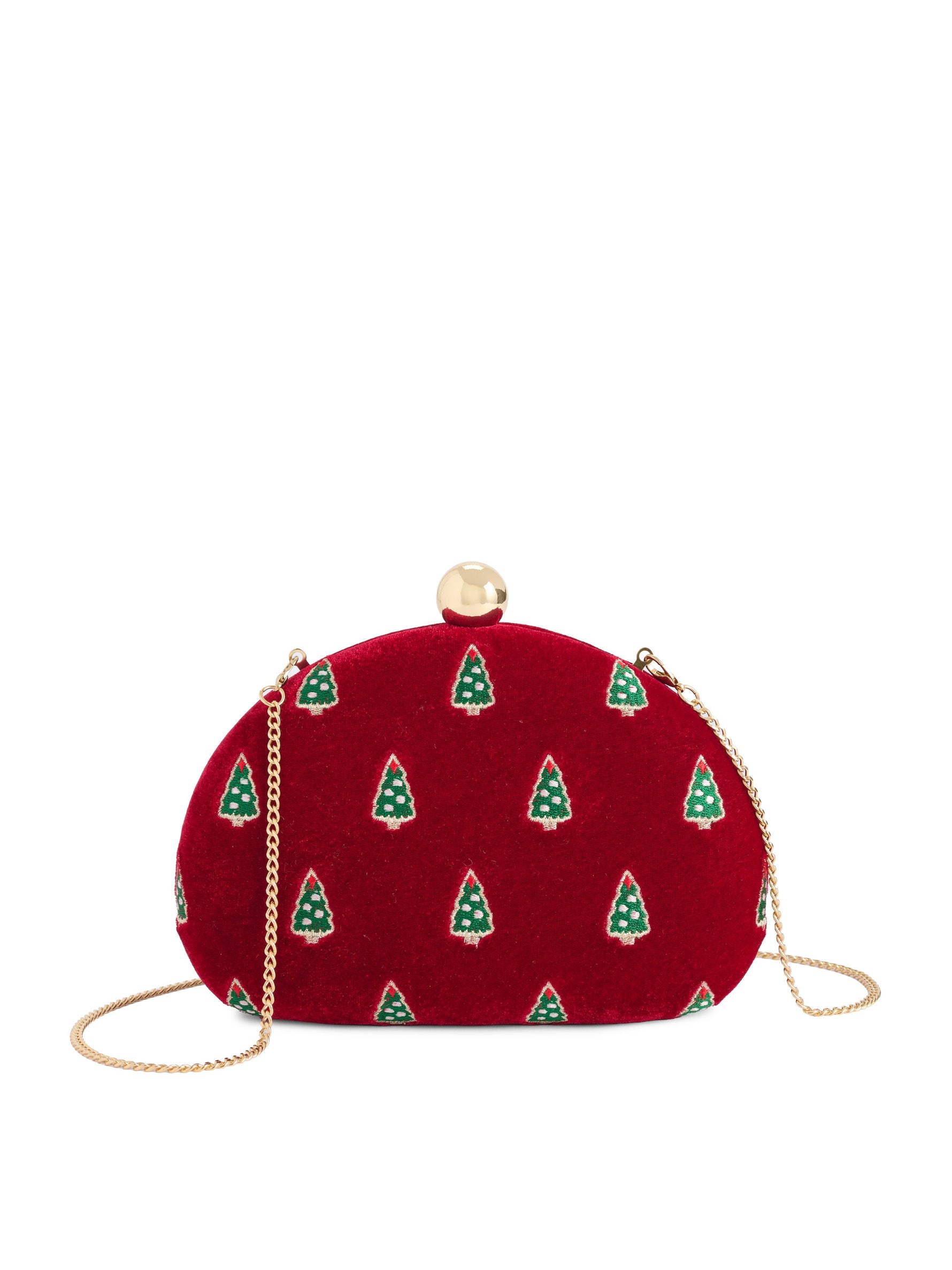 Embroidered red velvet clutch bag by Oscar de la Renta featuring a repeating motif of green Christmas trees, a polished gold-tone orb clasp, and a slender gold-link chain strap against a white background