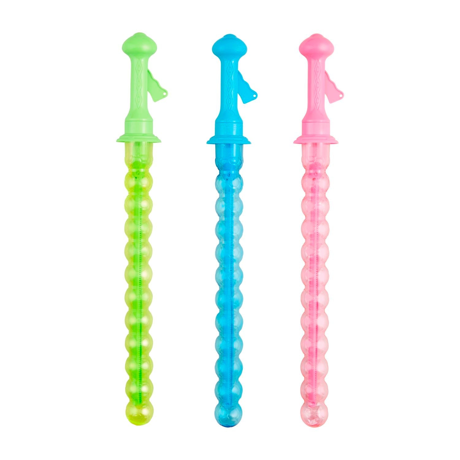 Three colorful bubble wands on a white background