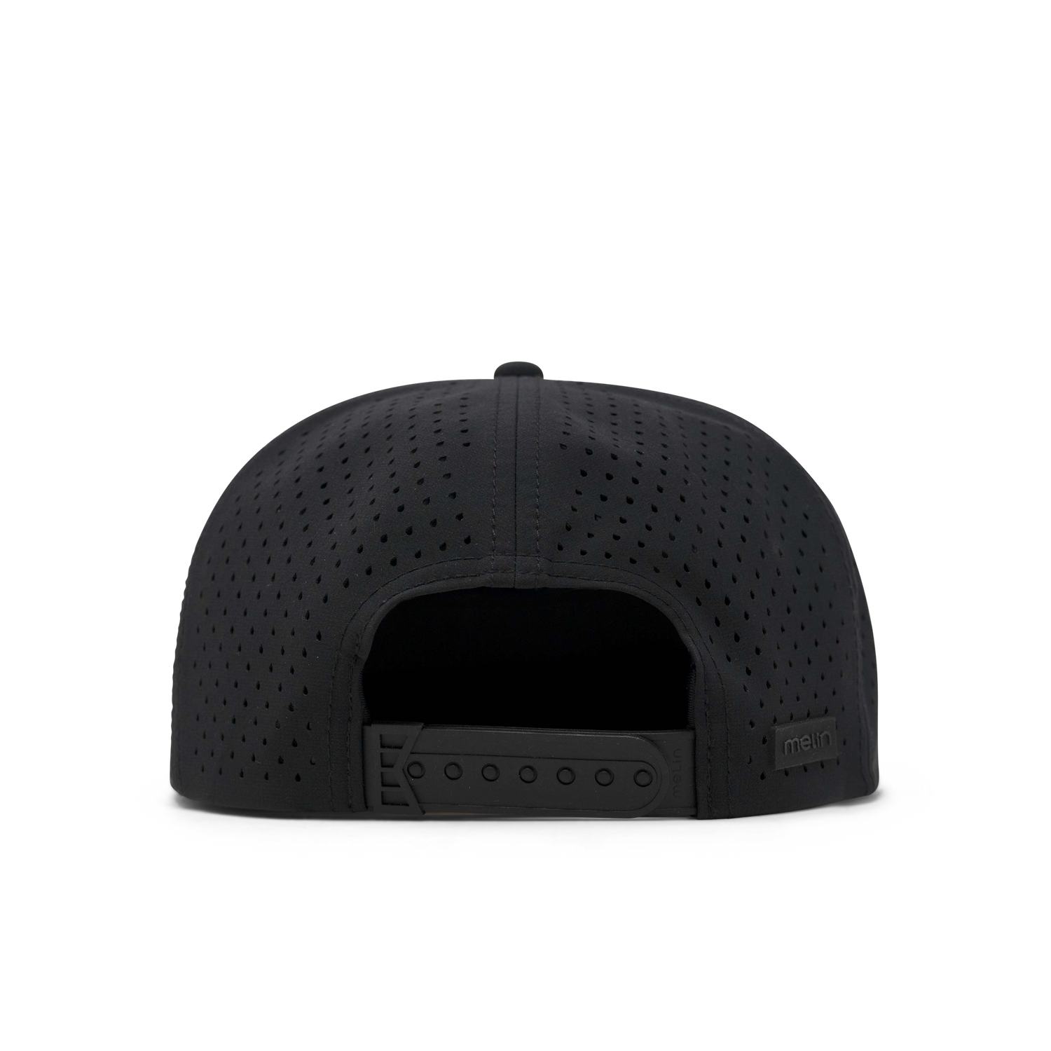 Back view of a black perforated baseball cap with a snapback closure