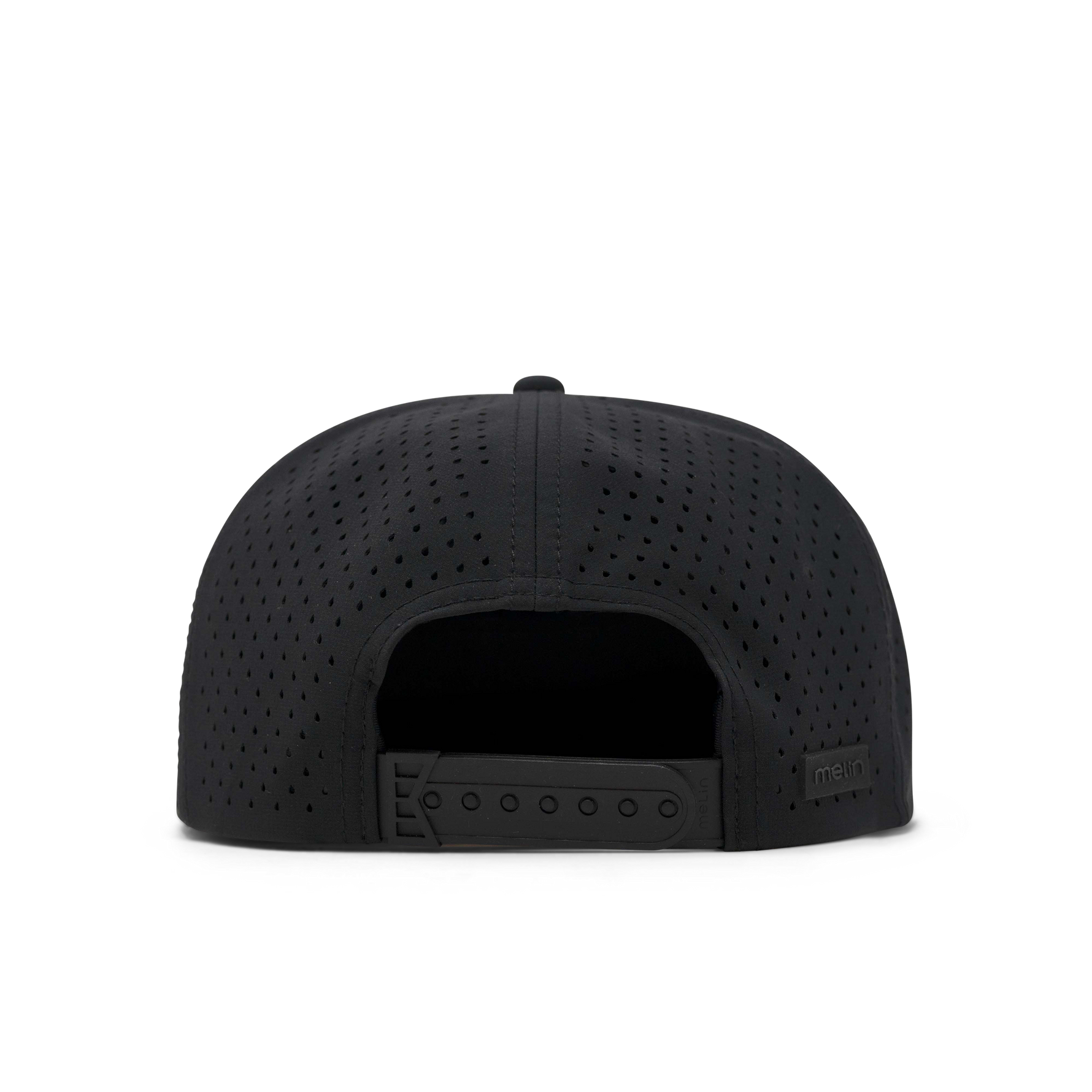 Back view of a black perforated baseball cap with a snapback closure