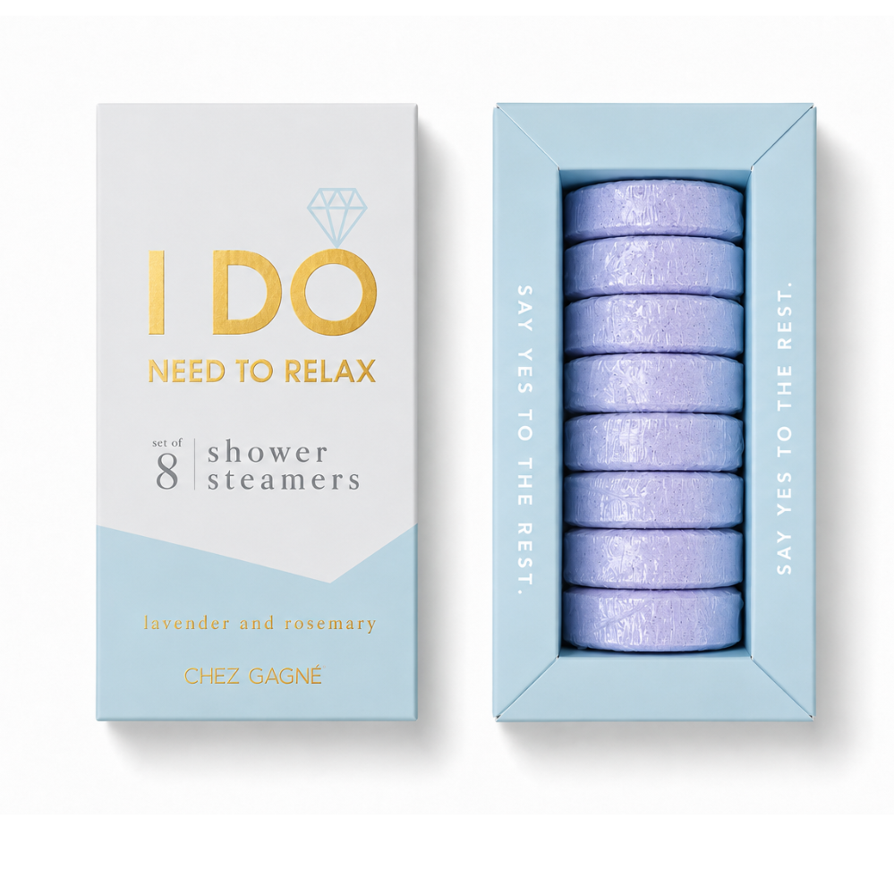 Chez Gagné "I Do Need to Relax" blue box of 8 lavender and rosemary shower steamers, closed and open