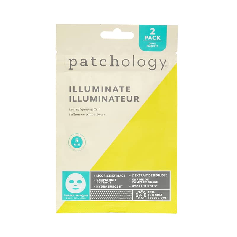 Product photograph by Patchology of an Illuminate sheet mask 2-pack pouch featuring a vibrant yellow and white color-blocked design, a teal 2-pack banner, and ingredient details for licorice and grapefruit extracts