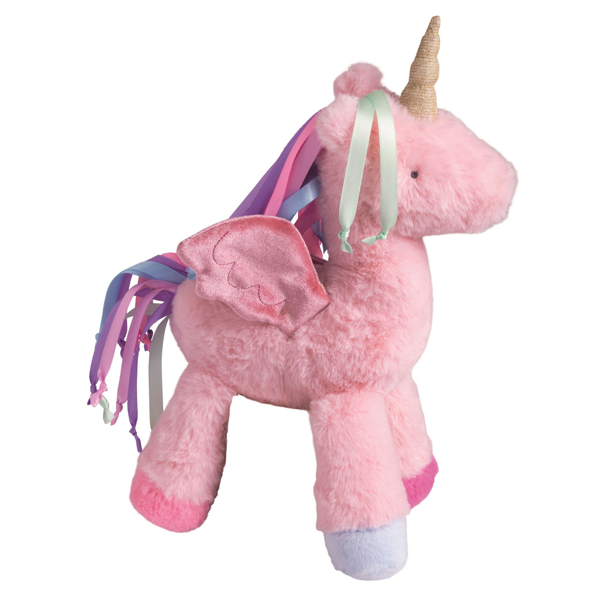 Pink pegasus plush with a gold horn and pastel wings