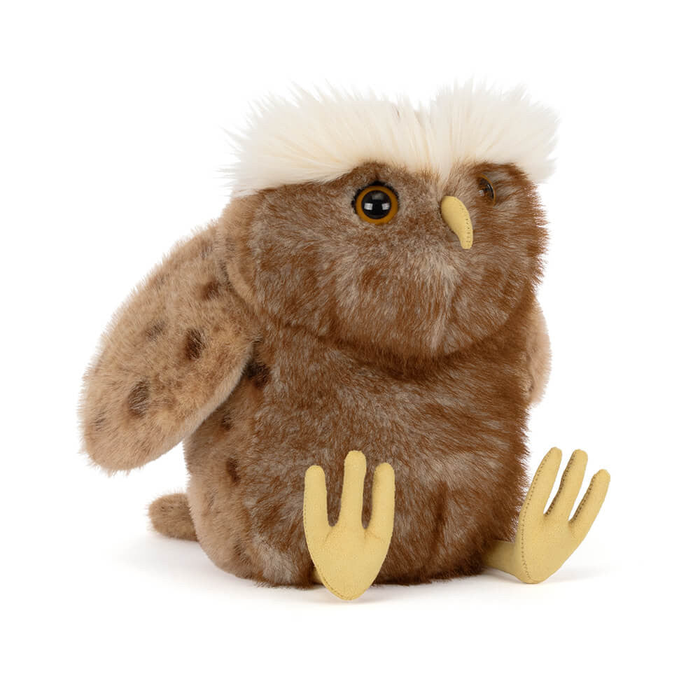 Brown plush owl with gold feet, front view