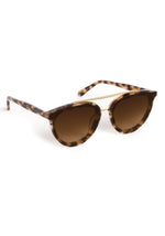 Sunglasses with tortoiseshell frame and brown gradient lenses on a white background