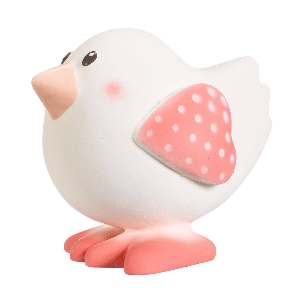 White rubber bird toy with a pink beak, pink feet and a pink wing with white dots
