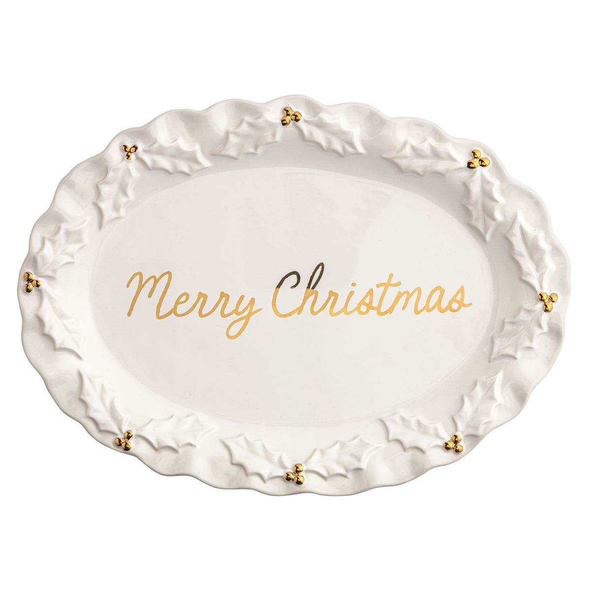 Oval platter with Merry Christmas in gold script and gold holly edges