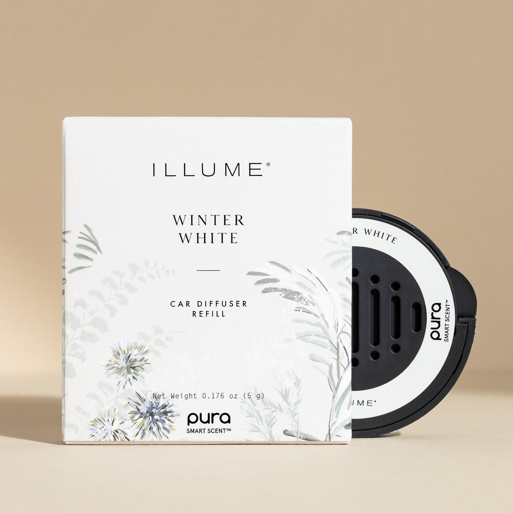 Commercial product photography by Illume and Pura of a Winter White car diffuser refill featuring a white box with delicate sage green botanical illustrations and a circular black scent cartridge with perforated vents against a neutral beige backdrop