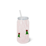 Pink and white speckled glass can with lid and straw, decorated with Christmas tree charms