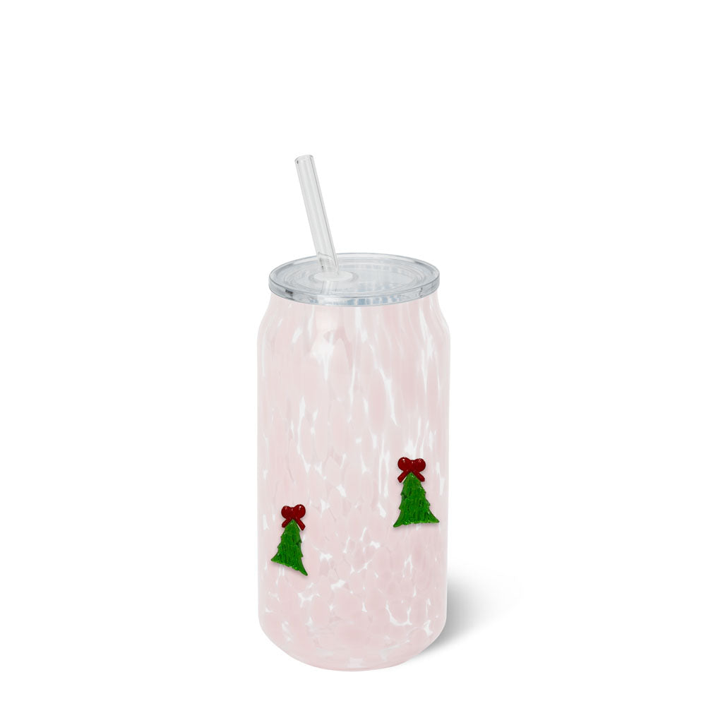 Pink and white speckled glass can with lid and straw, decorated with Christmas tree charms