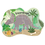 Digital illustration of a jigsaw puzzle featuring a grey triceratops in a prehistoric landscape with tropical palm trees, colorful speckled eggs, and a white bone near an ammonite shell and green mountains