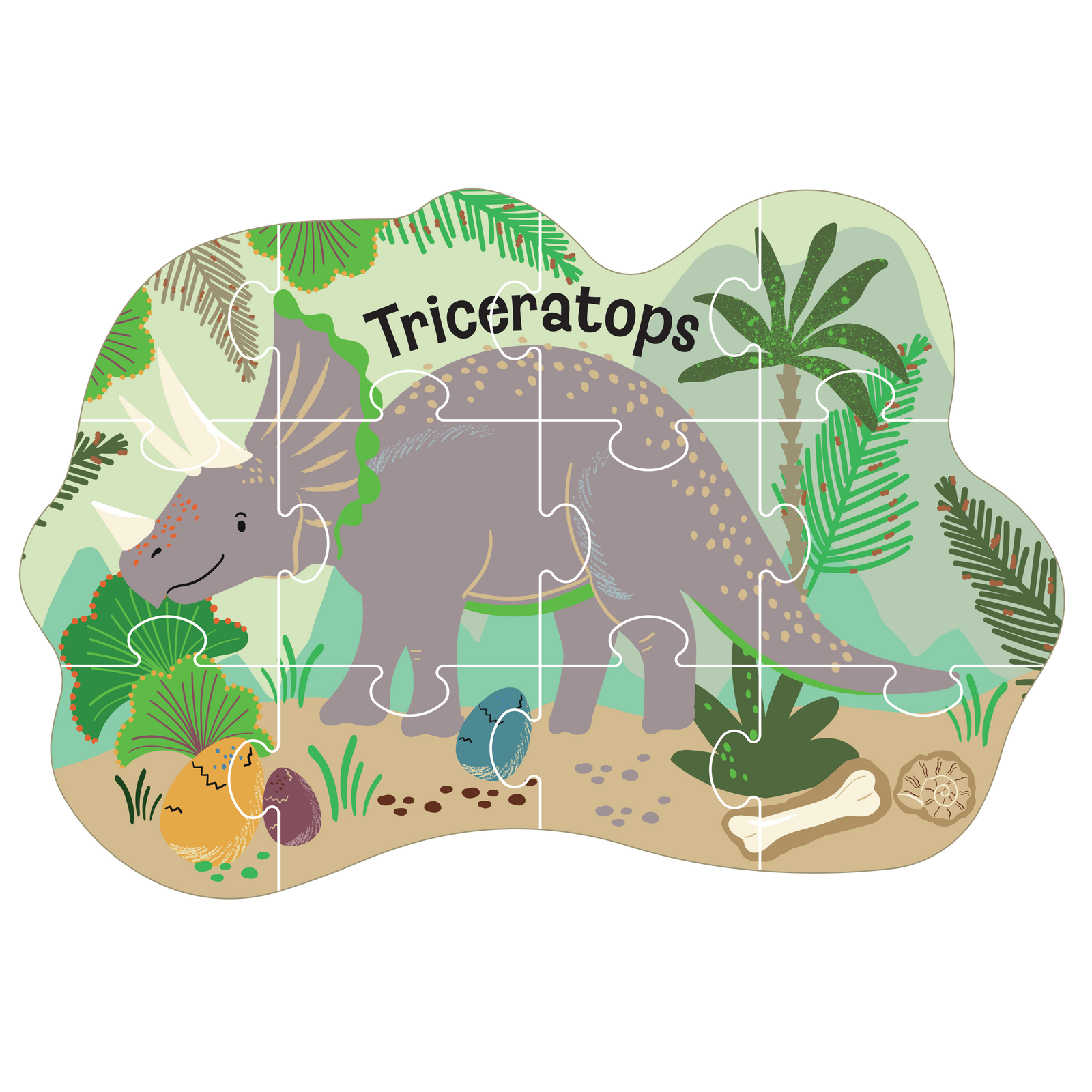 Digital illustration of a jigsaw puzzle featuring a grey triceratops in a prehistoric landscape with tropical palm trees, colorful speckled eggs, and a white bone near an ammonite shell and green mountains