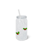 White speckled glass can with lid and straw, decorated with holly charms