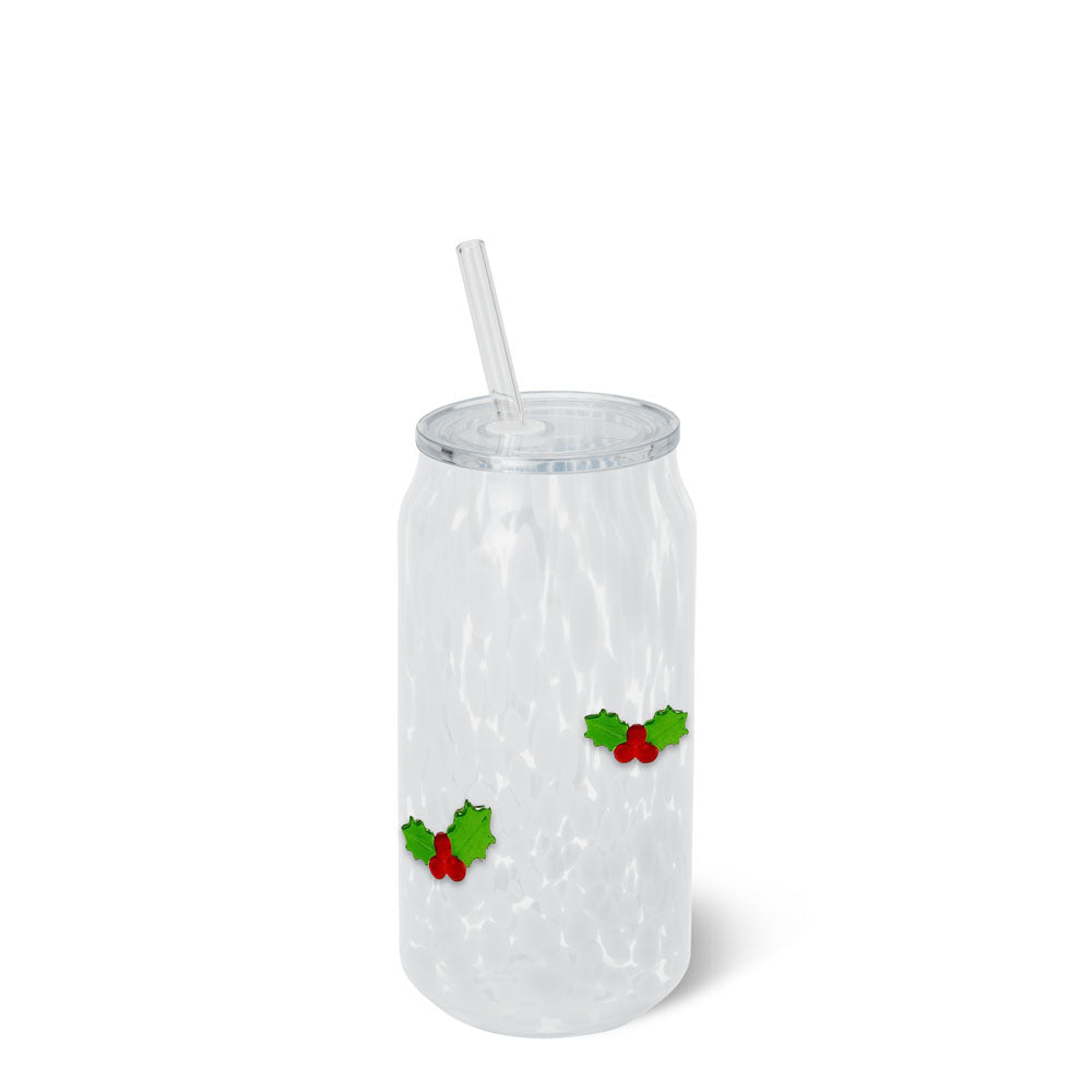 White speckled glass can with lid and straw, decorated with holly charms