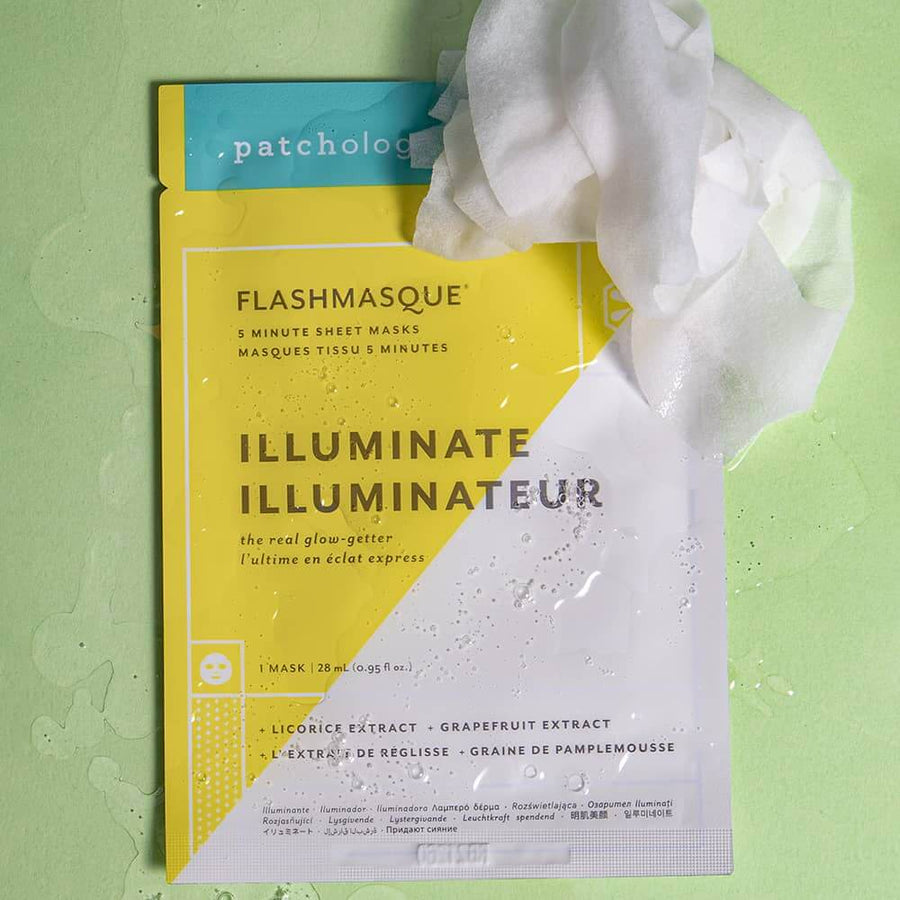 Product photograph of Patchology FlashMasque Illuminate sheet mask on a seafoam green background featuring a bright yellow and white sachet with scattered water droplets and a crumpled white mask protruding from the top corner