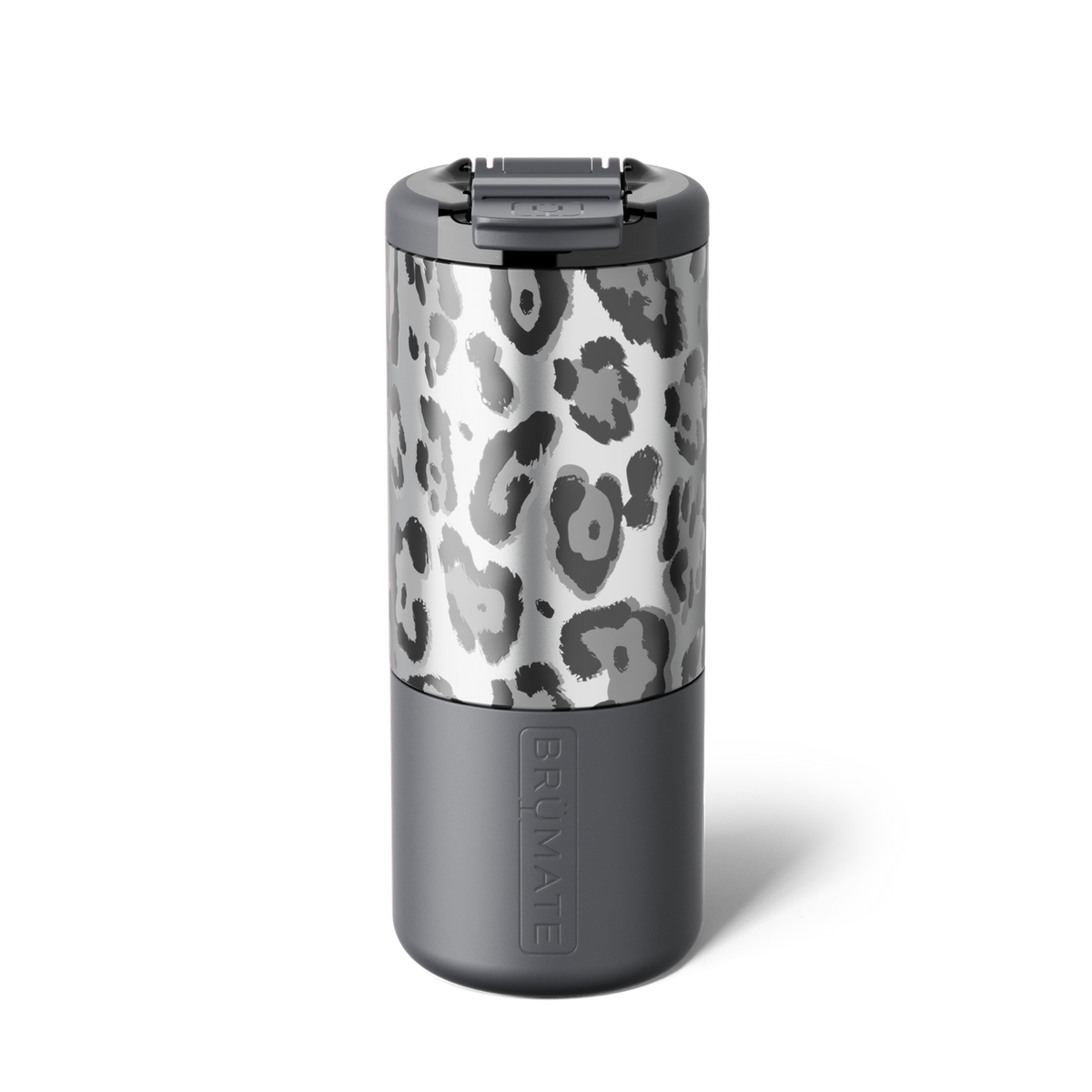 BrüMate insulated tumbler in silver and gray metallic leopard print with gray base and flip lid