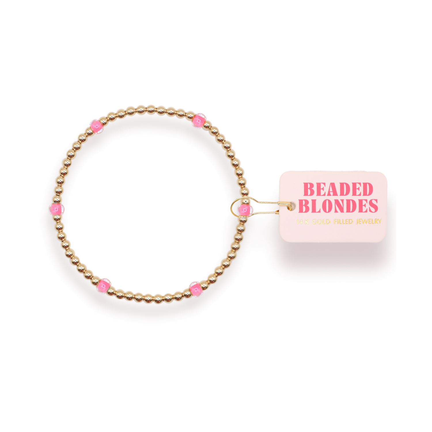 Beaded bracelet with pink beads on a white background, featuring the brand 'Beaded Blondes'.