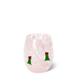 Pink and white speckled stemless wine glass with Christmas tree charms