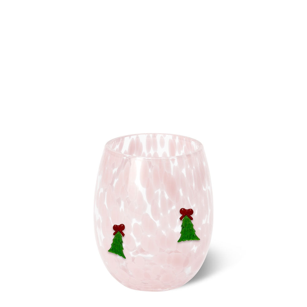 Pink and white speckled stemless wine glass with Christmas tree charms