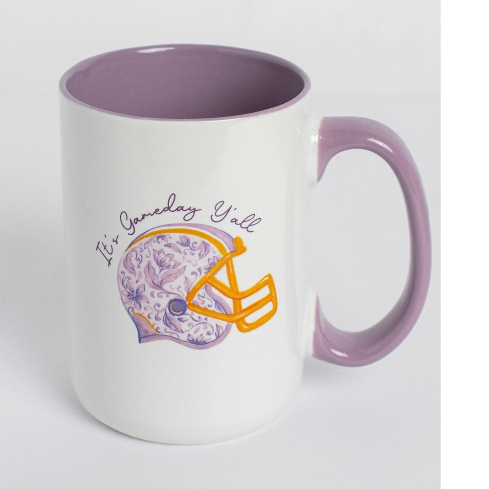 Gameday Y'all mug with a purple handle and a football helmet design