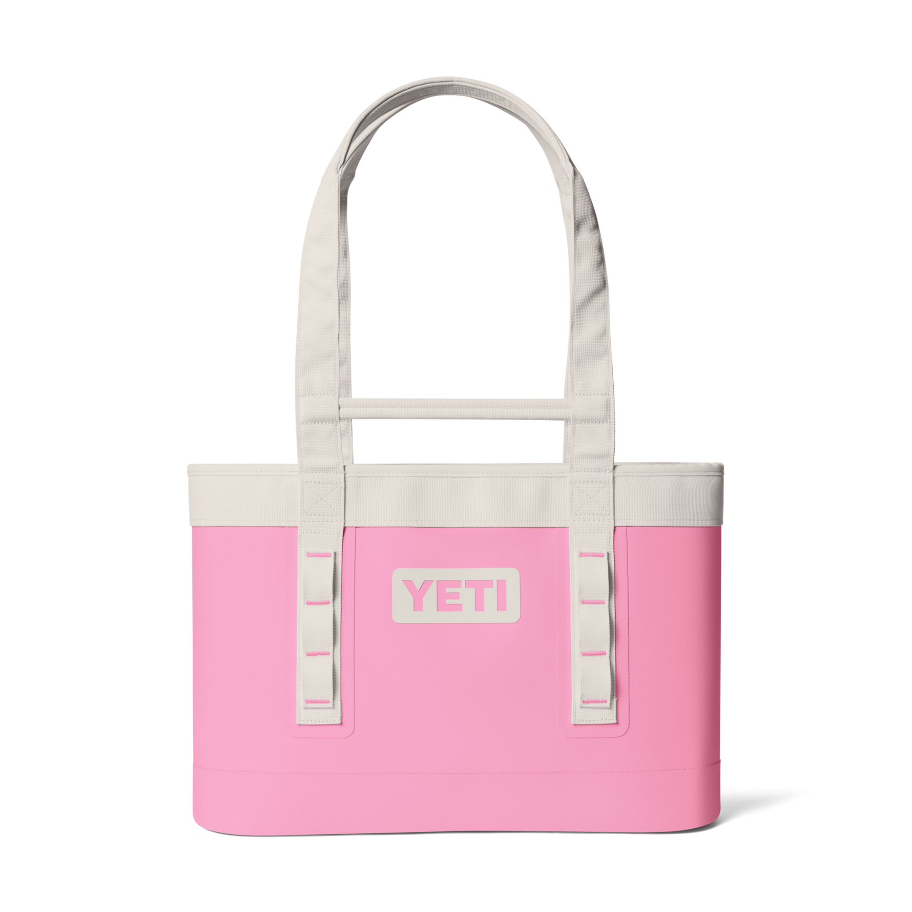 Pink tote bag with 'YETI' logo on a white background