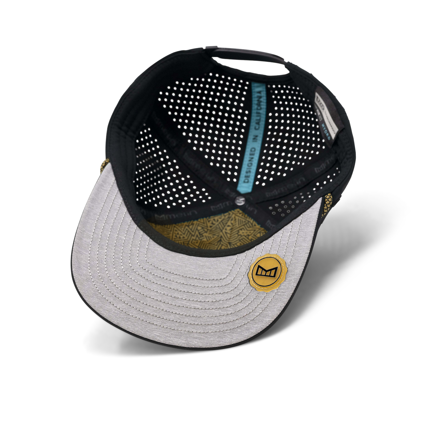 Interior view of a black baseball cap with a grey brim and patterned lining